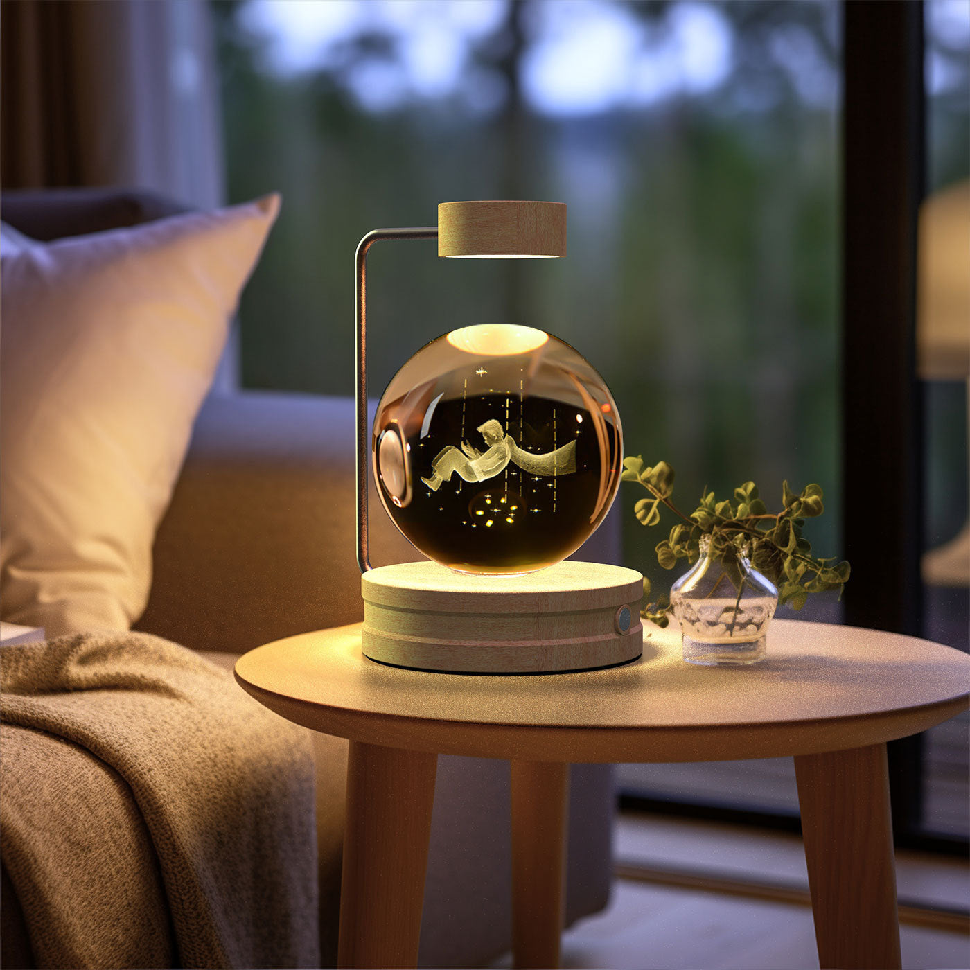 Crystal ball night light with cosmic dinosaur scene, USB powered, warm glow, wooden base on Tampa Home & Garden Store