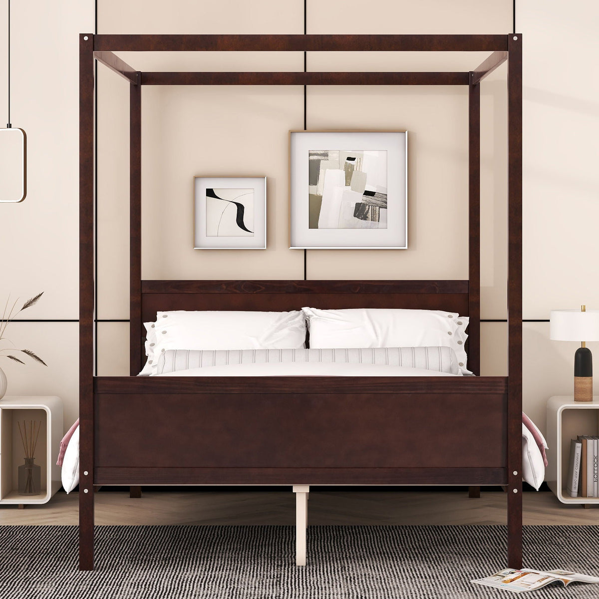 Modern Canopy Platform Bed and Wooden Headboard