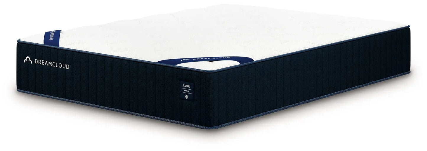 DreamCloud Classic Hybrid Mattress with navy blue fabric sides and white quilted top on Tampa Home & Garden Store