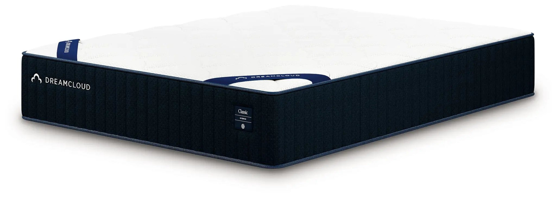 DreamCloud Classic Hybrid Mattress with navy blue fabric sides and white quilted top on Tampa Home & Garden Store