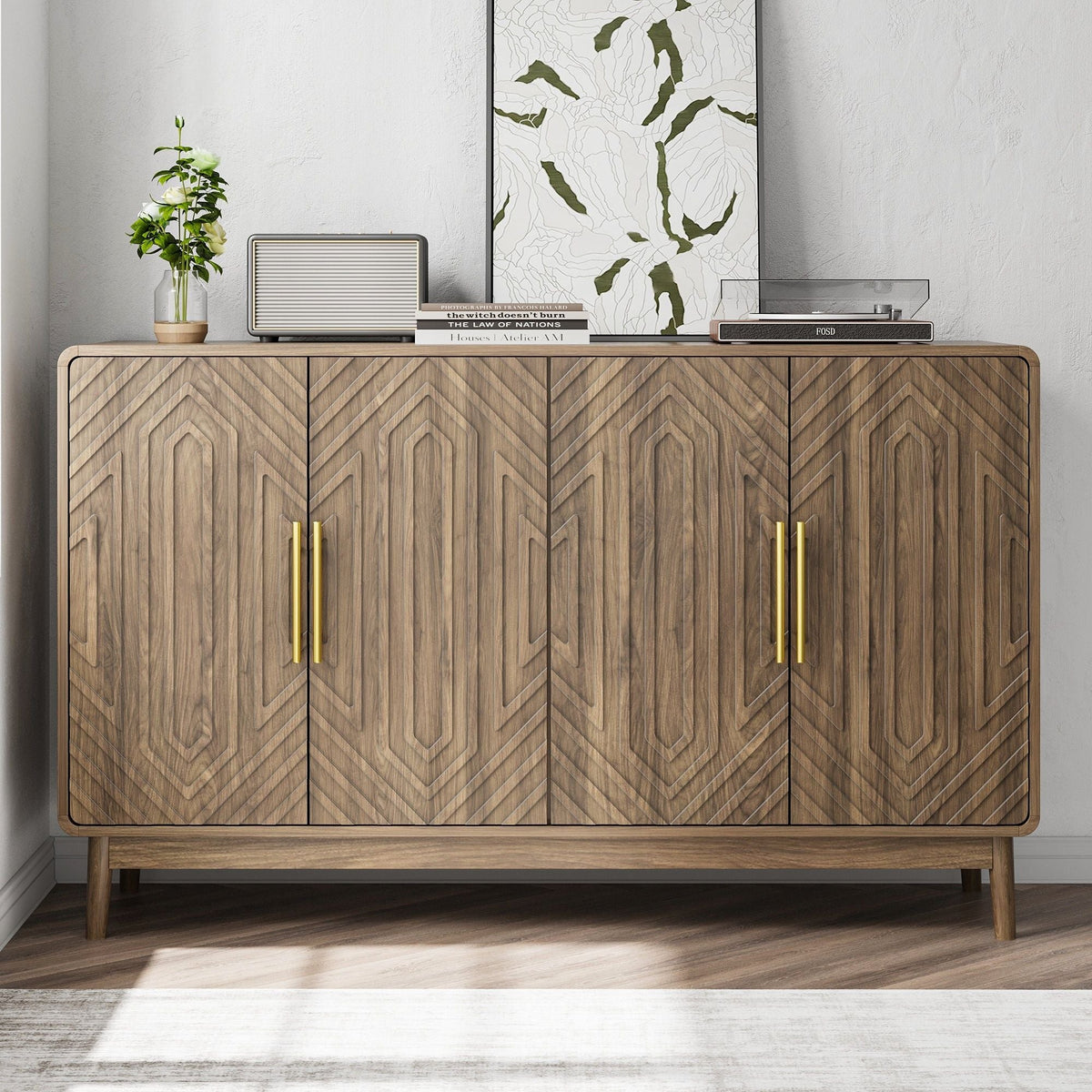 Sideboard cabinet in dark brown wood with carved chevron doors and brass pulls HouseOfZazla on Tampa Home & Garden Store