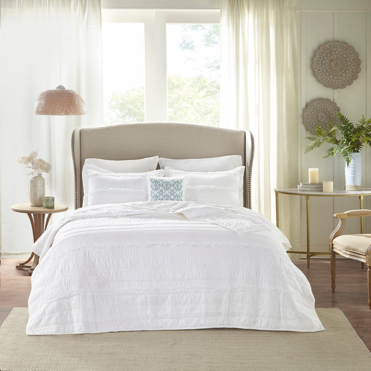White reversible ruffle quilt set with pillow by HouseOfZazla, King/Cal King on bed on Tampa Home & Garden Store