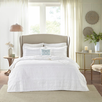 White reversible ruffle quilt set with pillow by HouseOfZazla, King/Cal King on bed on Tampa Home & Garden Store