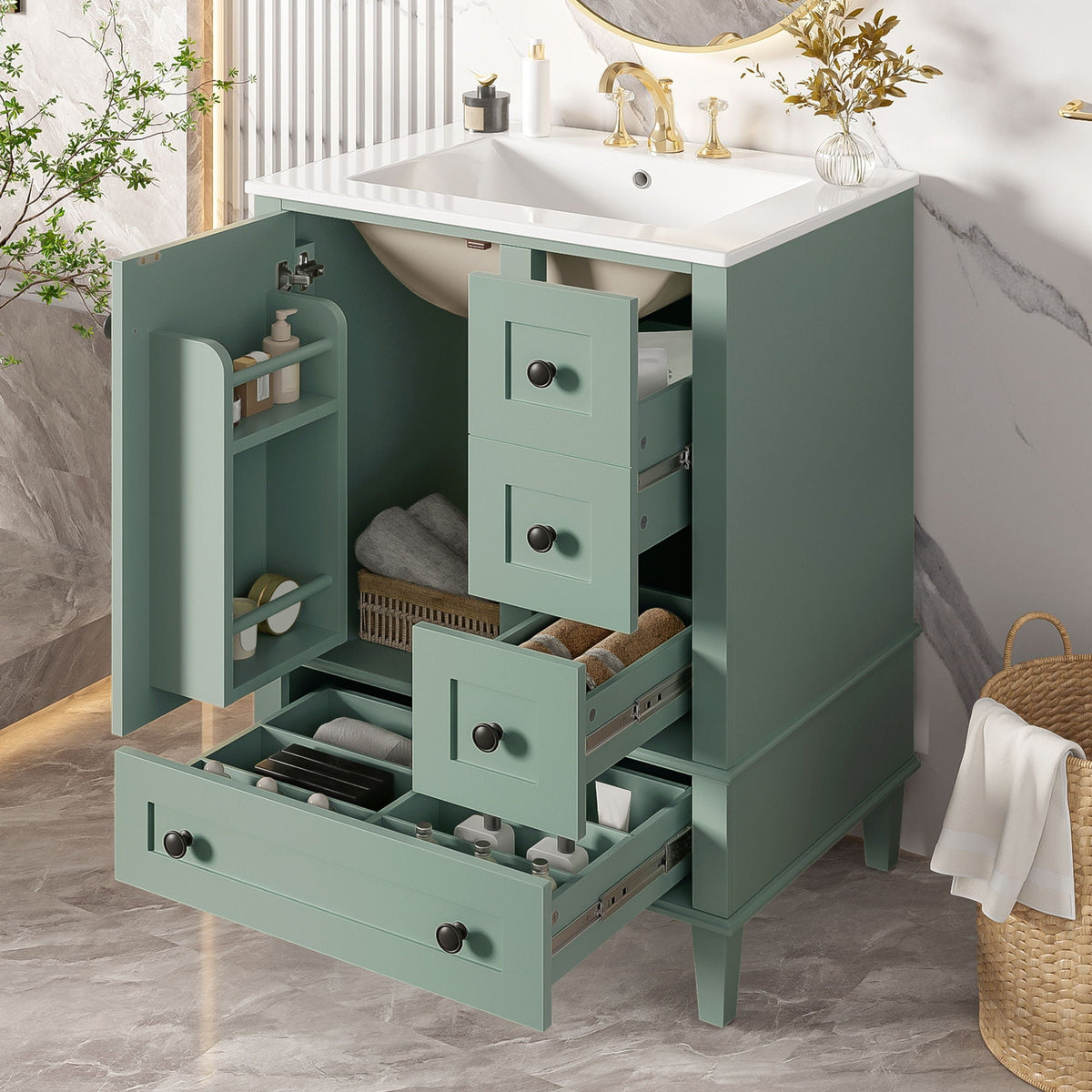 Bathroom vanity with integrated white basin, green cabinet, soft-close drawers on Tampa Home & Garden Store