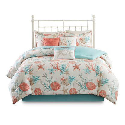 7 Piece Cotton Sateen Comforter Set Coral Queen by HouseOfZazla seashell print on Tampa Home & Garden Store