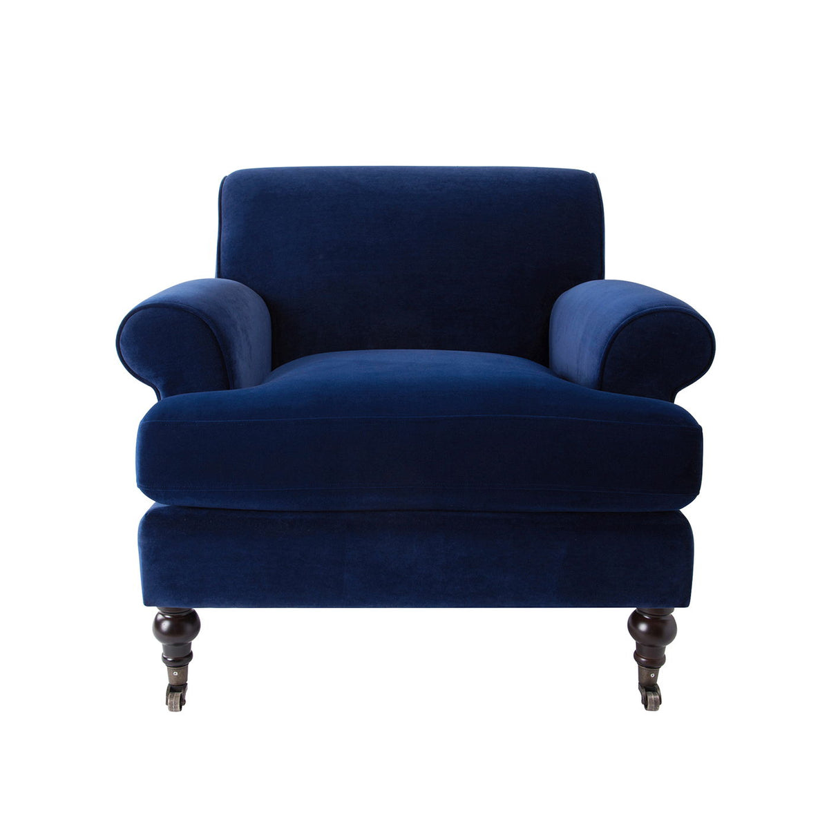 Accent arm chair with casters in blue velvet upholstery, solid hardwood frame on Tampa Home & Garden Store