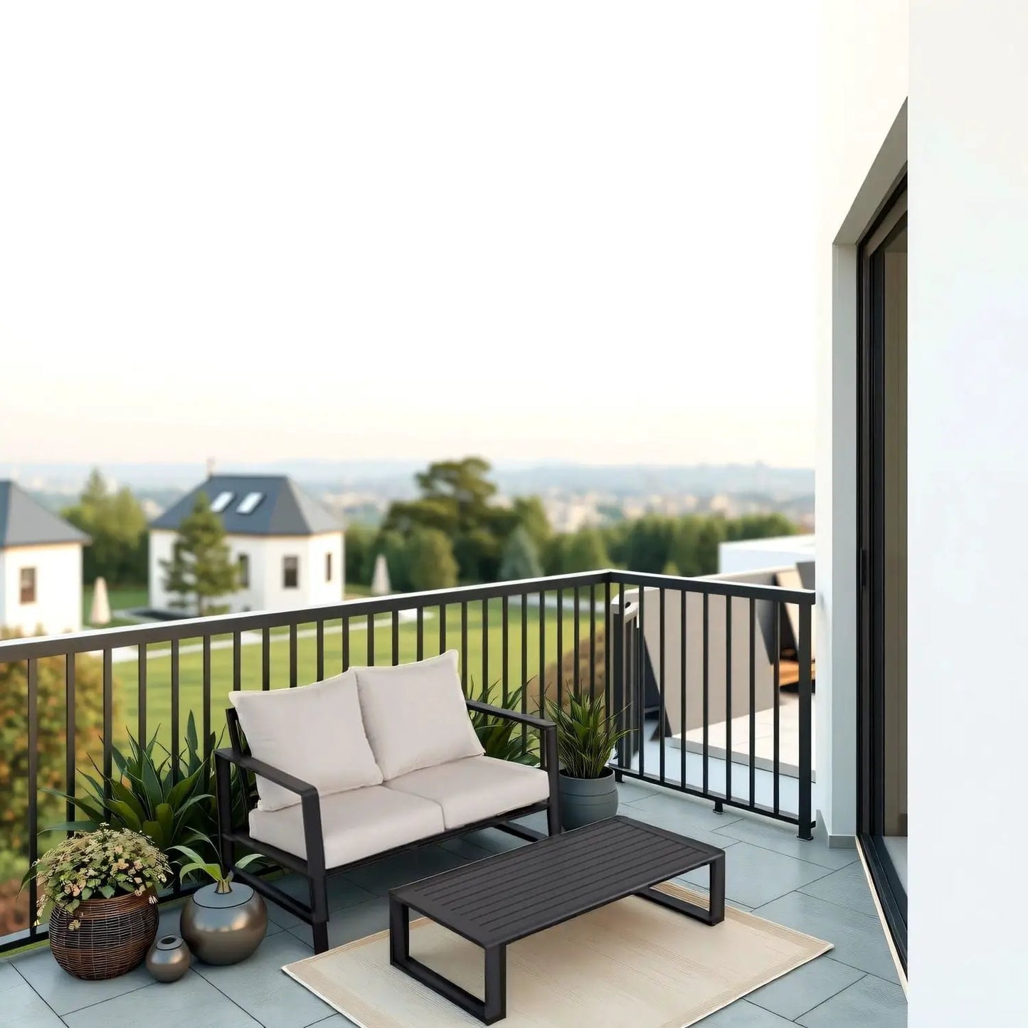 Durable Sofa and Rectangular Coffee Table, black metal frame and tan cushions on balcony on Tampa Home & Garden Store