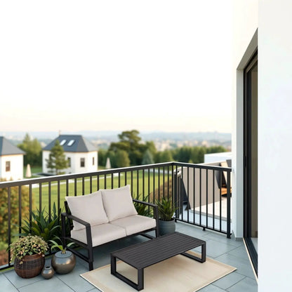 Durable Sofa and Rectangular Coffee Table, black metal frame and tan cushions on balcony on Tampa Home & Garden Store