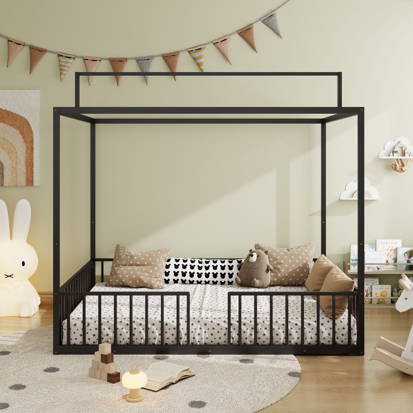 3-in-1 Montessori floor canopy bed with fenced sides black metal frame HouseOfZazla on Tampa Home & Garden Store