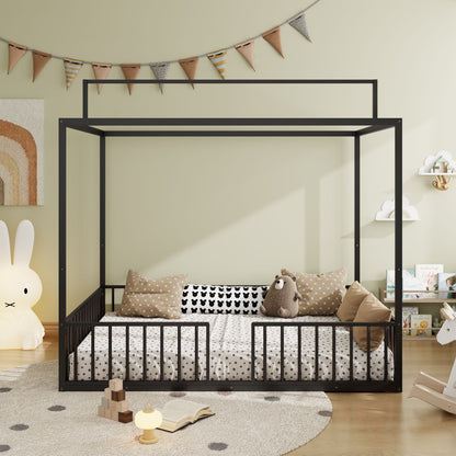 3-in-1 Montessori floor canopy bed with fenced sides black metal frame HouseOfZazla on Tampa Home & Garden Store