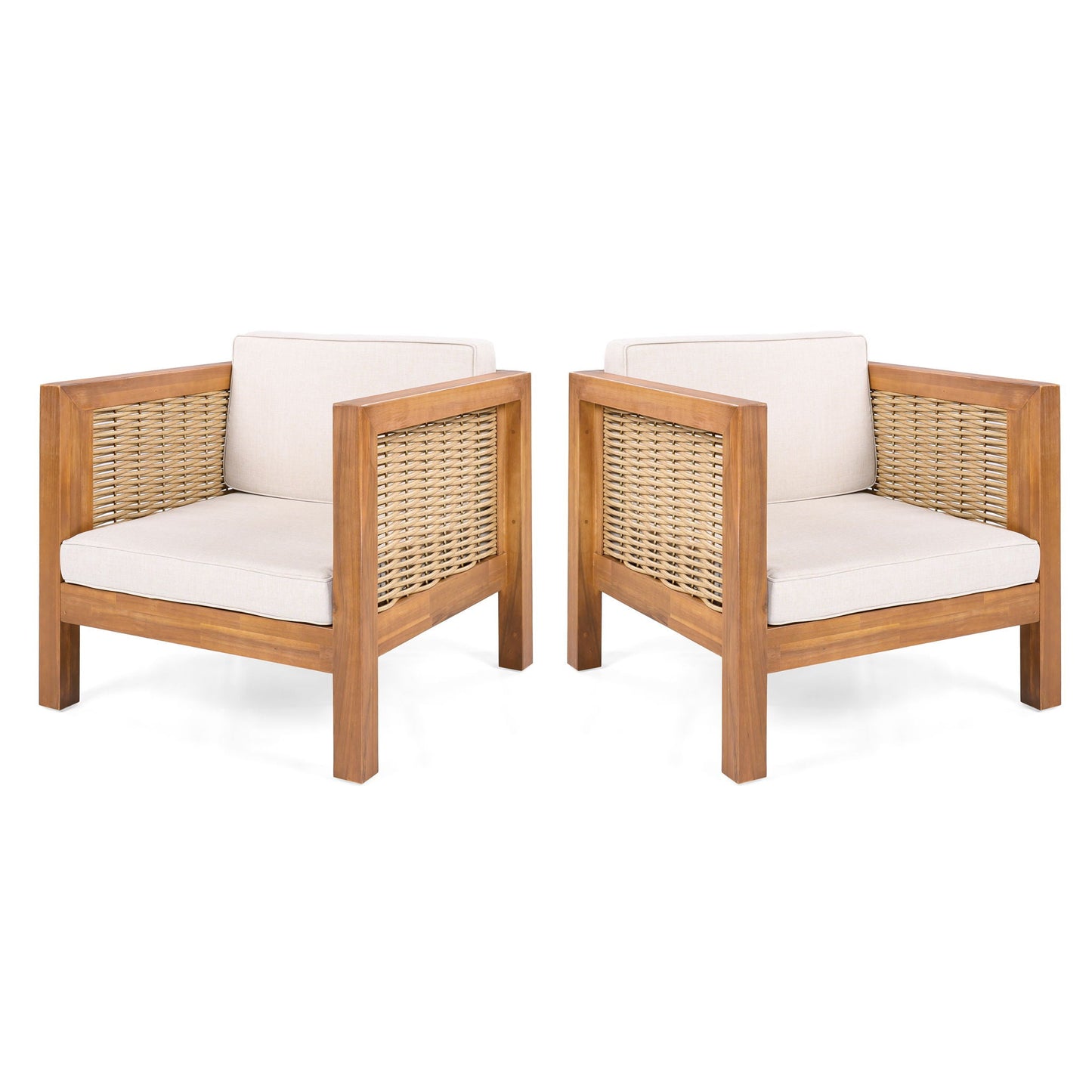 Pair of Outdoor Club Chairs with wicker armrests, beige cushions, wooden frames HouseOfZazla on Tampa Home & Garden Store