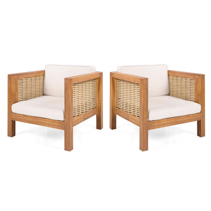 Pair of Outdoor Club Chairs with wicker armrests, beige cushions, wooden frames HouseOfZazla on Tampa Home & Garden Store