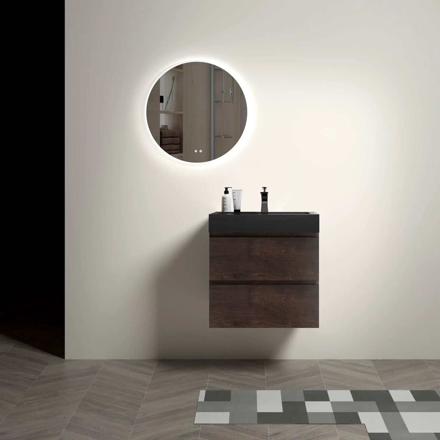 Alice wall-mounted bathroom vanity with sink, dark wood floating storage, backlit mirror on Tampa Home & Garden Store