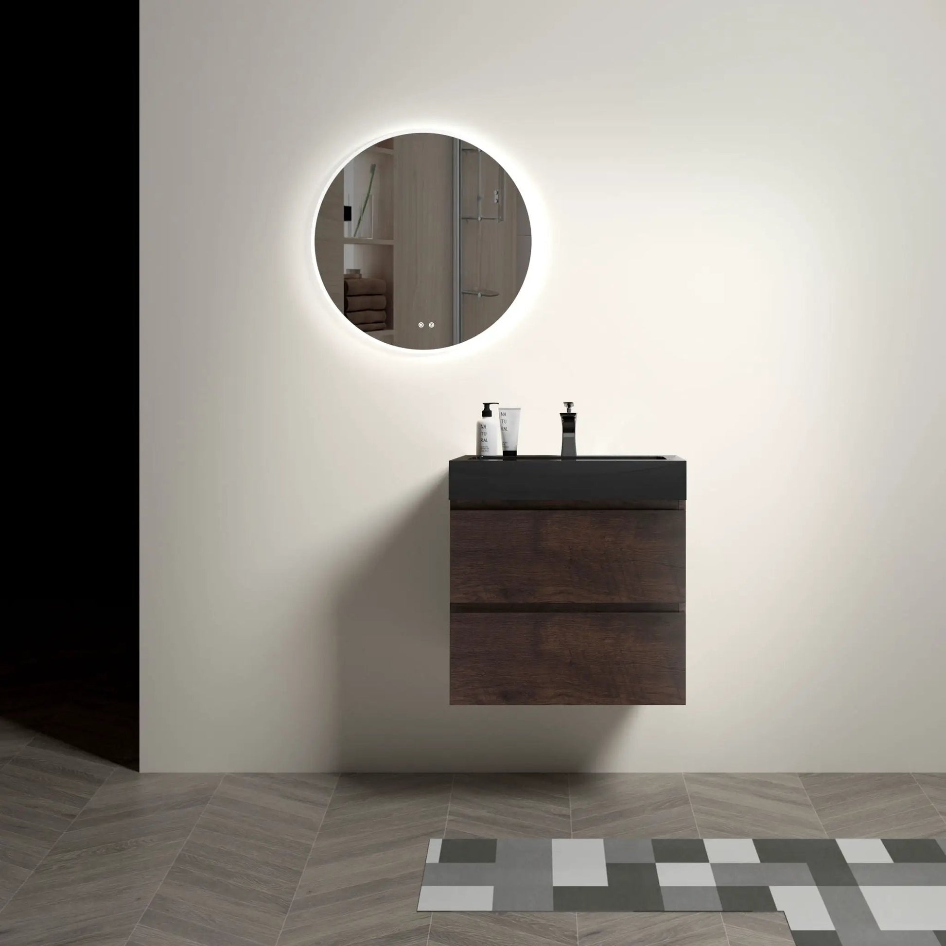 Alice wall-mounted bathroom vanity with sink, dark wood floating storage, backlit mirror on Tampa Home & Garden Store
