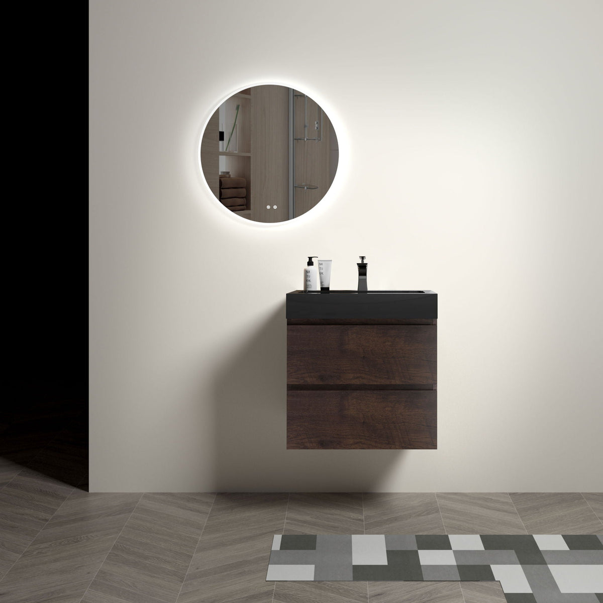 Alice wall-mounted vanity with integrated sink, dark wood cabinet, black top HouseOfZazla on Tampa Home & Garden Store