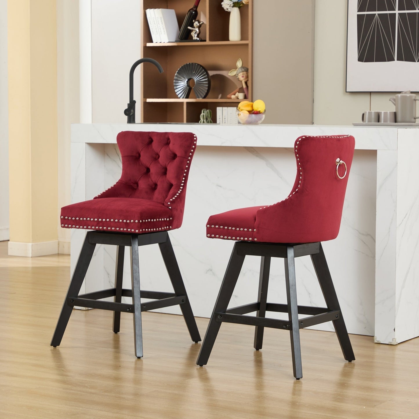 Swivel Velvet Barstools with Button Tufting, Wine Red, Set of 2 by HouseOfZazla on Tampa Home & Garden Store