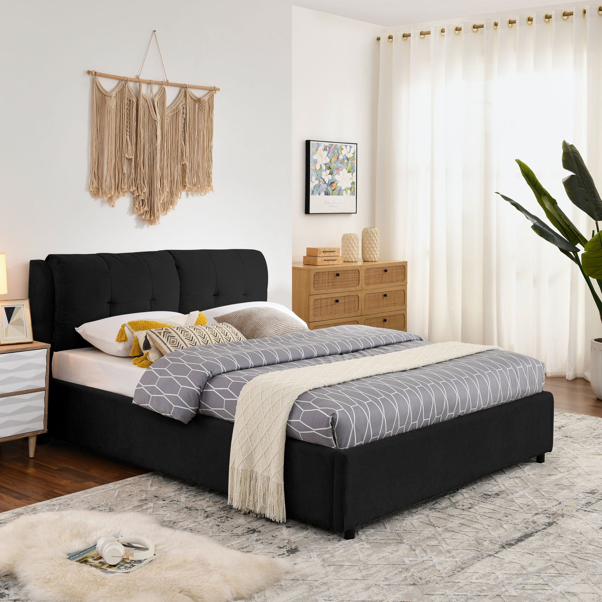 Storage upholstered hydraulic platform bed with integrated headboard in black fabric on Tampa Home & Garden Store