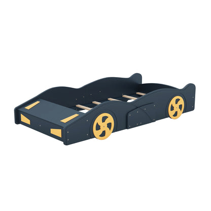 Race car shaped platform bed in dark blue with yellow wheel accents, wooden slats and storage on Tampa Home & Garden Store