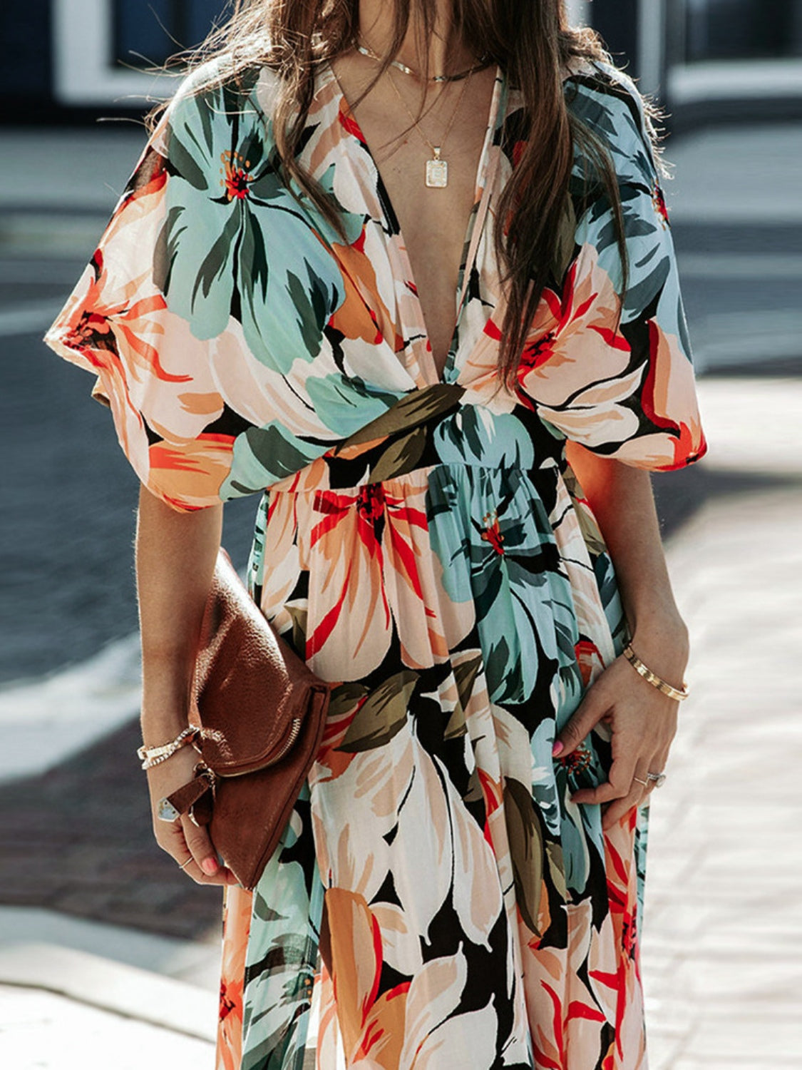 Floral wrap dress from Stevvex with half sleeves in pastel tropical print, deep V-neck on Tampa Home & Garden Store