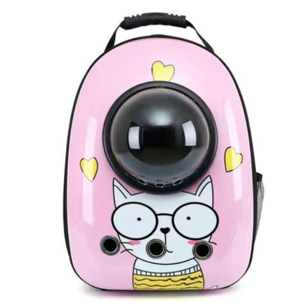 Space bag pet backpack pink with cartoon cat and bubble window, Pet Zen portable carrier on Tampa Home & Garden Store