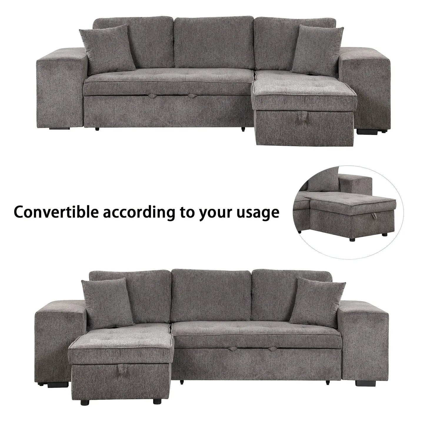 L-shaped gray sleeper sofa with storage chaise and 2 stools Unique Piece Furniture on Tampa Home & Garden Store