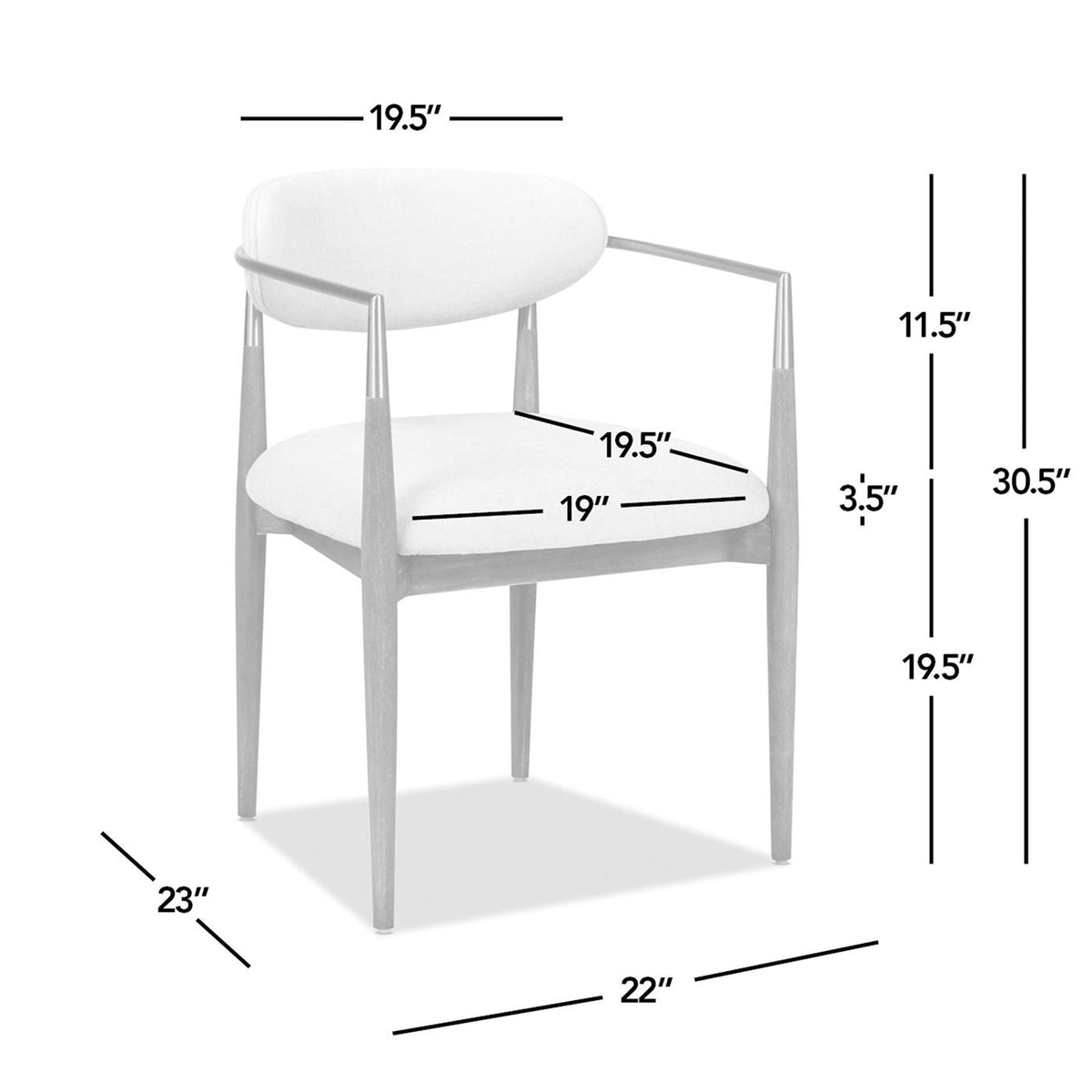 Artemis mixed-material upholstered dining arm chair with brushed nickel arms and warm white fabric, tapered wood legs on Tampa Home & Garden Store