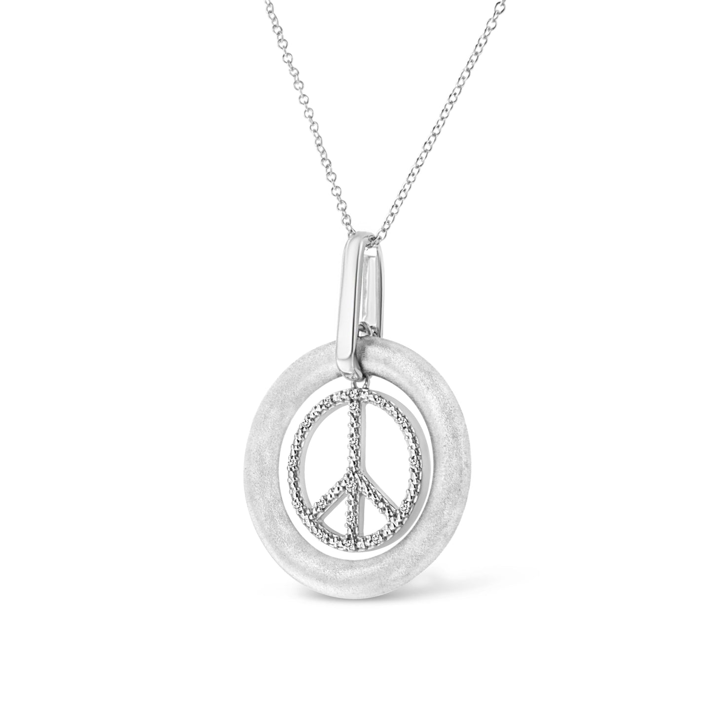 Dancing peace sign pendant in matte .925 sterling silver with diamond accents on 18in chain on Tampa Home & Garden Store