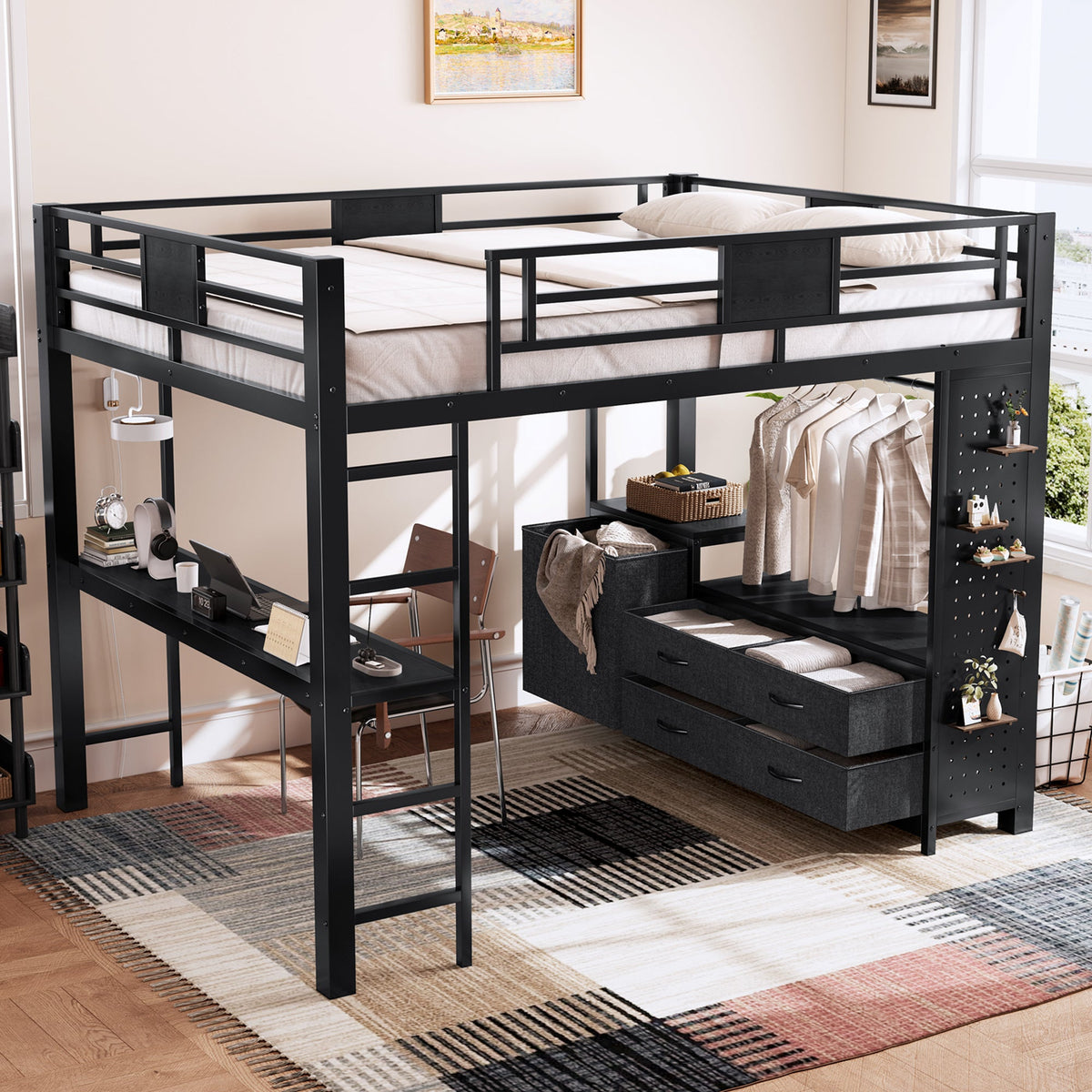 Queen Size Loft Bed with Desk & Shelves black metal frame with storage HouseOfZazla on Tampa Home & Garden Store