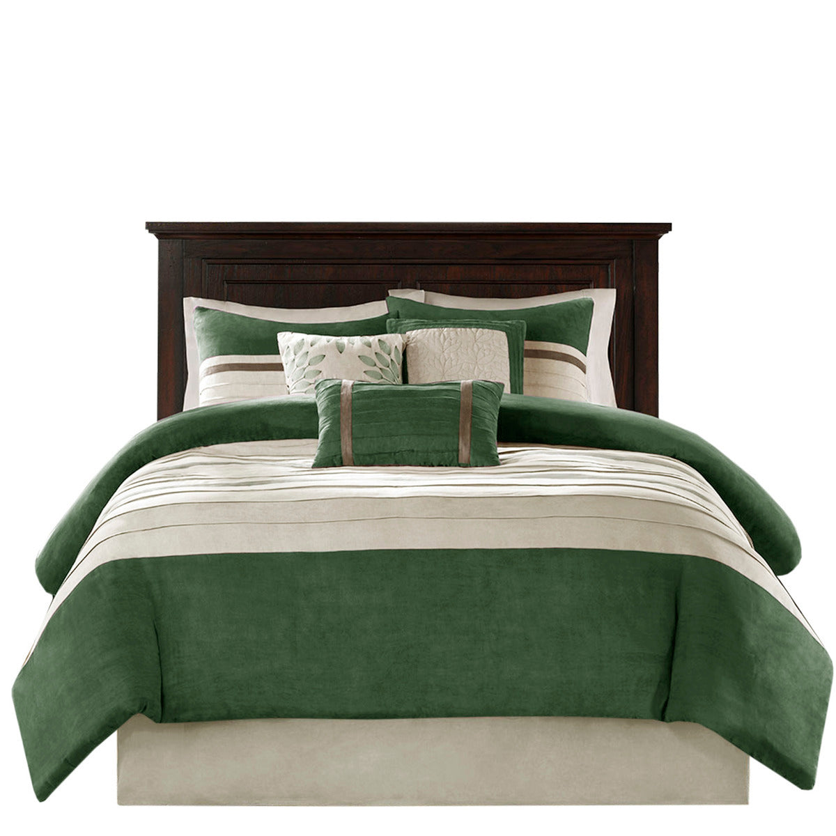 7 Pc Faux Suede Comforter Set Green King by HouseOfZazla with beige striped accents on Tampa Home & Garden Store