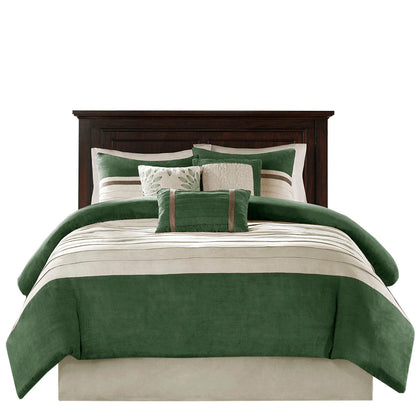 7 Pc Faux Suede Comforter Set Green King by HouseOfZazla with beige striped accents on Tampa Home & Garden Store