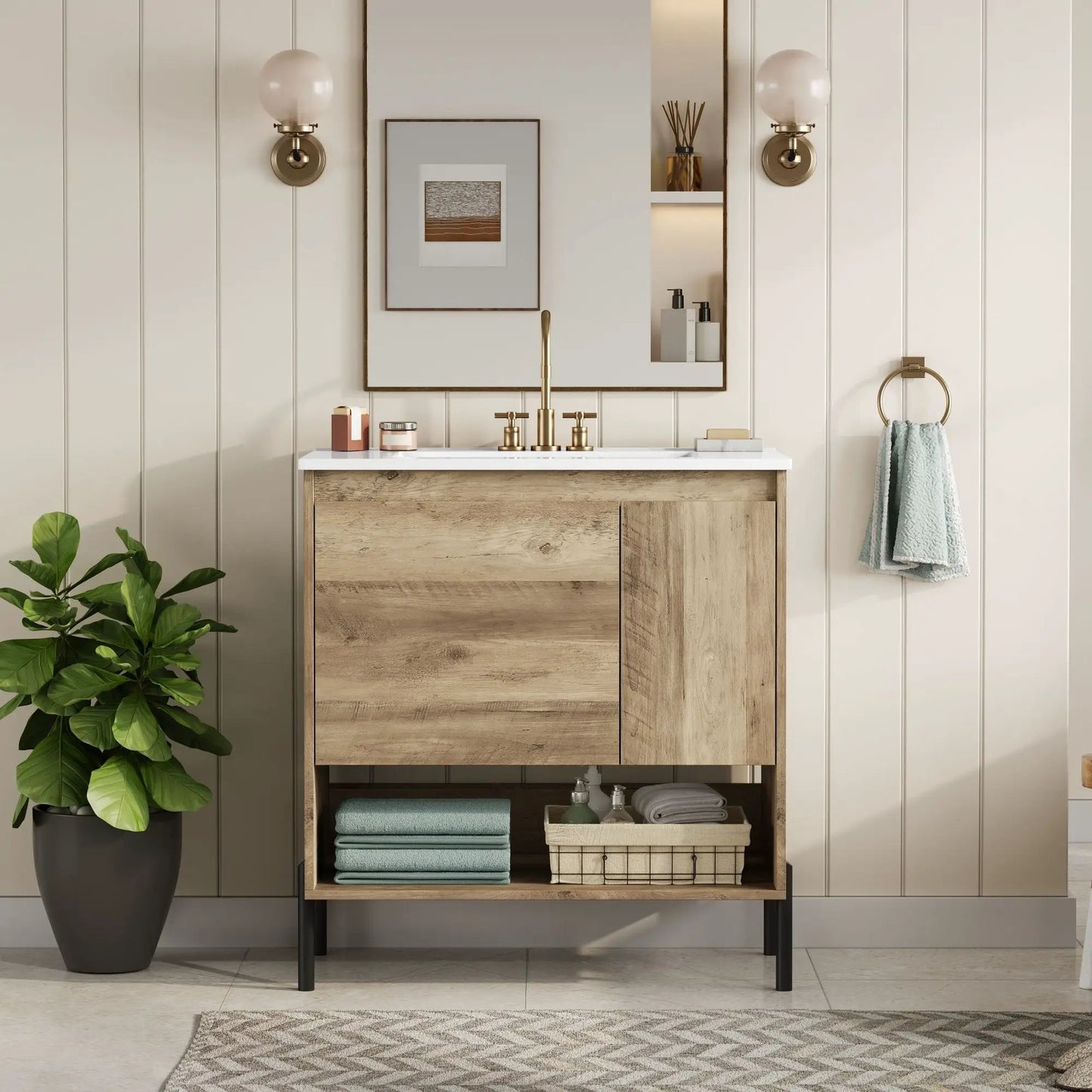 Bathroom Vanity Cabinet with Sink and Open Shelf