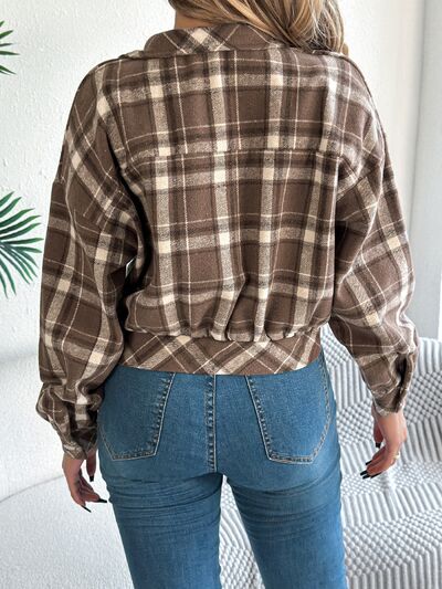 Classic brown plaid button-up long sleeve jacket, cropped, worn with jeans on Tampa Home & Garden Store
