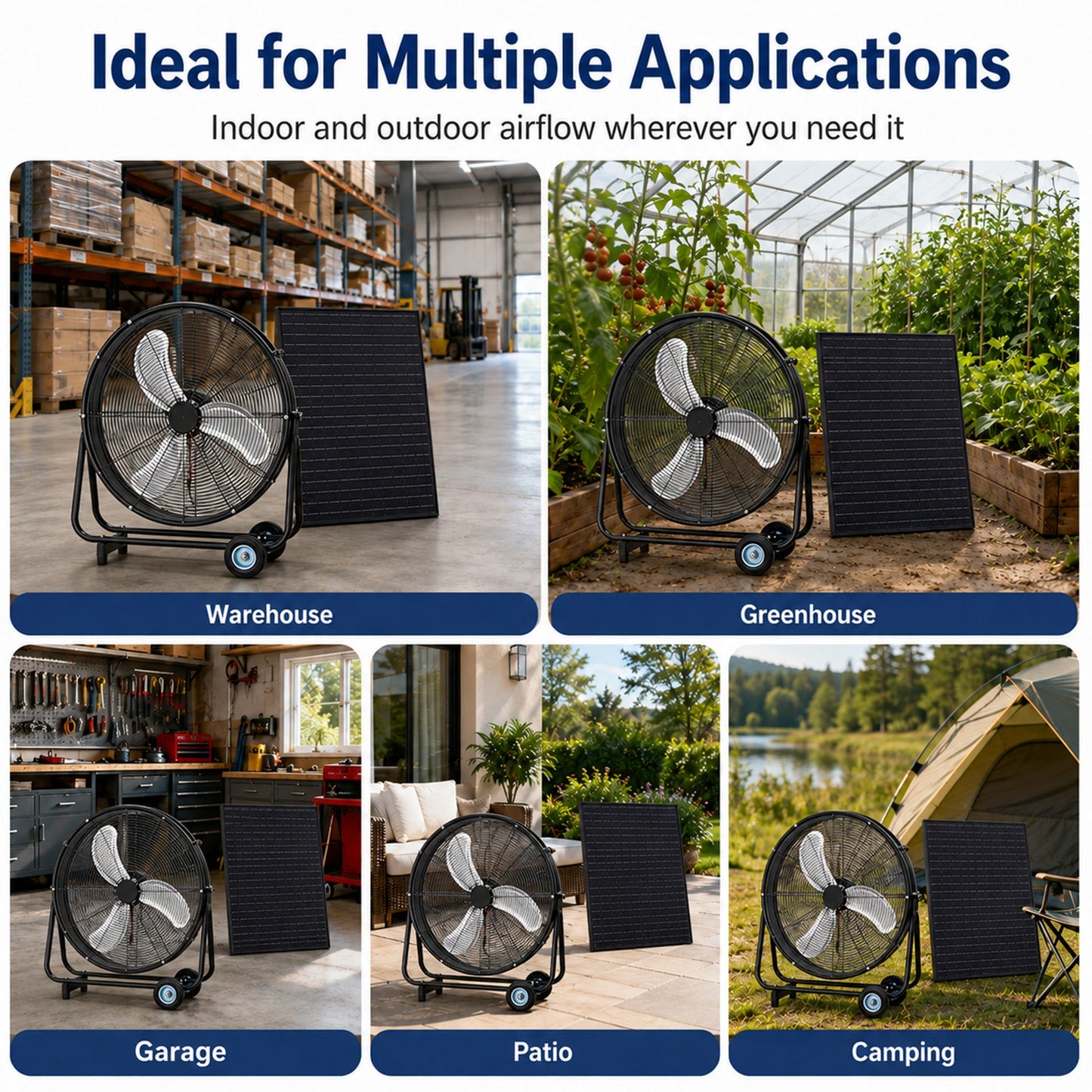 24-inch solar floor-standing fan with adjustable solar panel, black frame; two units on Tampa Home & Garden Store