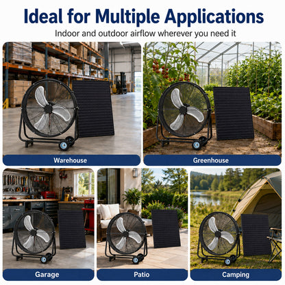 24-inch solar floor-standing fan with adjustable solar panel, black frame; two units on Tampa Home & Garden Store