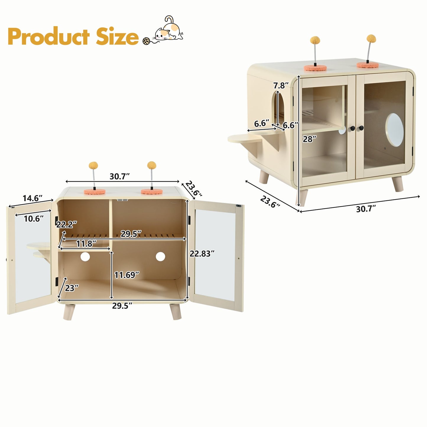 Cat Hidden Litter Box Enclosure by HouseOfZazla with RGB LED light and glass doors beige finish on Tampa Home & Garden Store