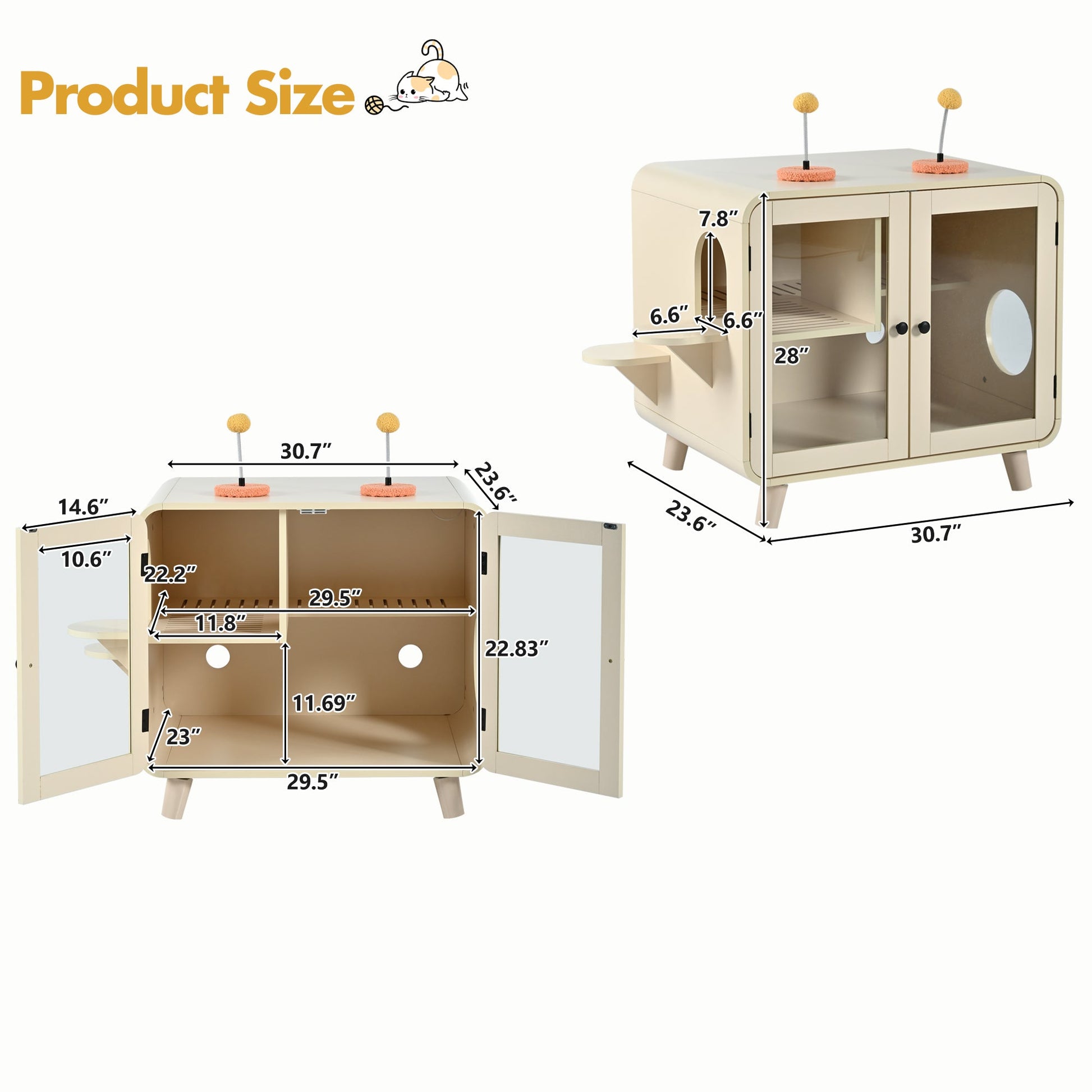 Cat Hidden Litter Box Enclosure by HouseOfZazla with RGB LED light and glass doors beige finish on Tampa Home & Garden Store
