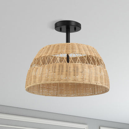 Double lights semi flush ceiling lamp with black finish and woven rattan shade on Tampa Home & Garden Store