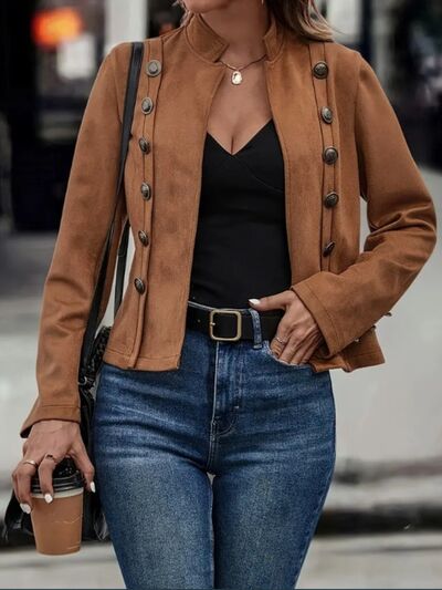 Decorative Button Open Front Long Sleeve Jacket in tan suede-like fabric by Stevvex for women on Tampa Home & Garden Store