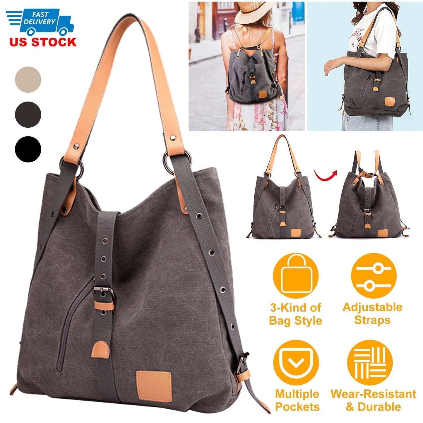 GemGear canvas tote bag with gray body and tan leather straps, convertible tote to backpack on Tampa Home & Garden Store