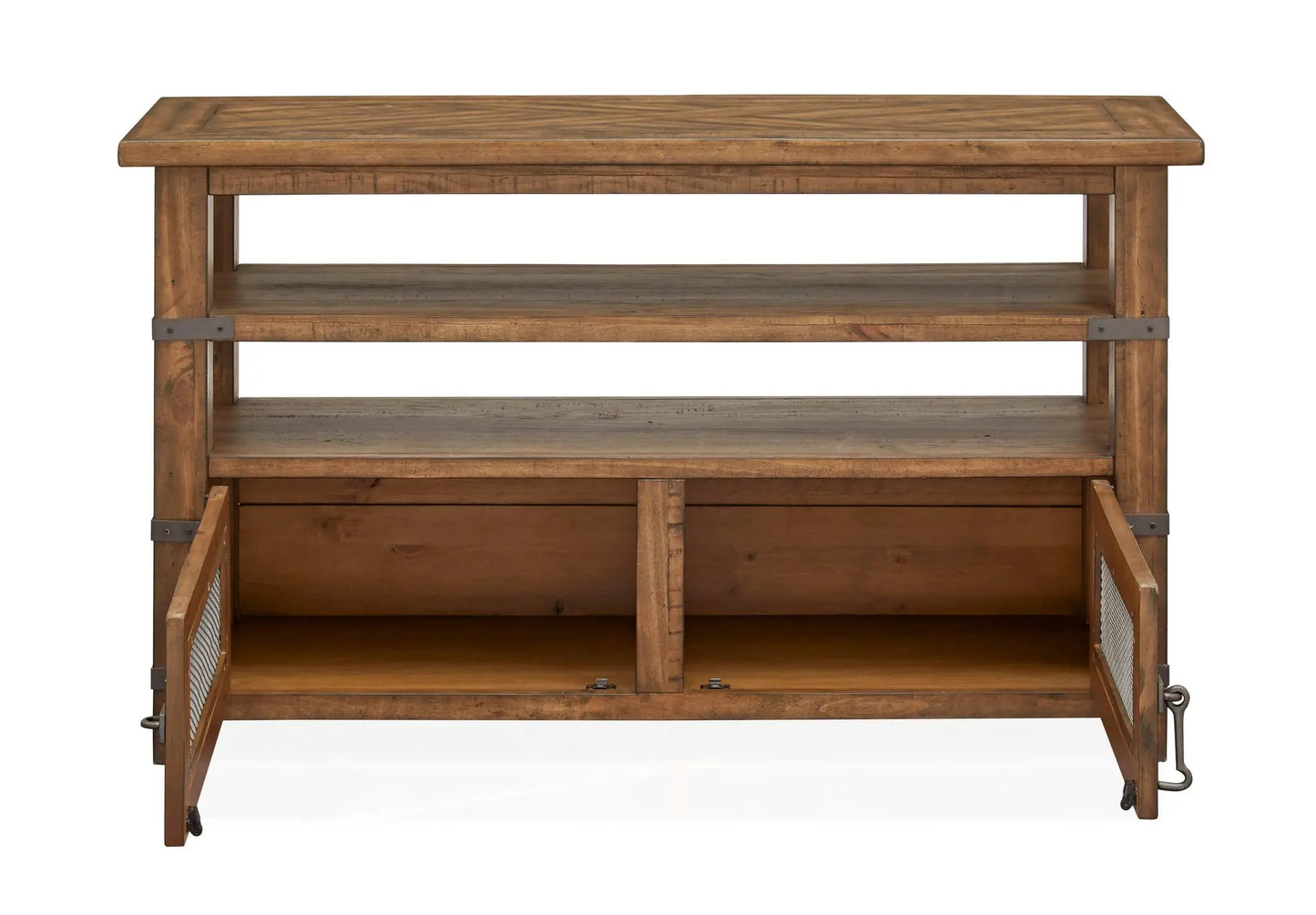 Chesterfield rectangular sofa table in farmhouse timber with lower shelf and metal hardware on Tampa Home & Garden Store