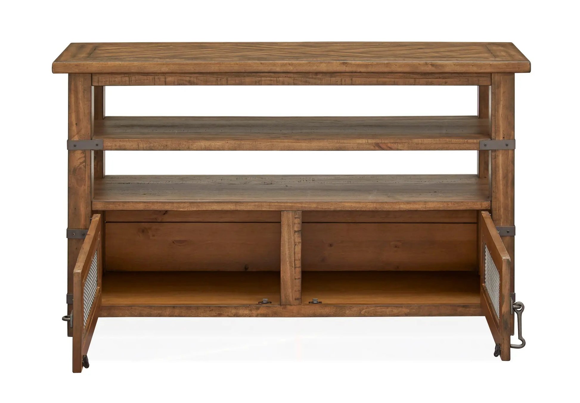 Chesterfield rectangular sofa table in farmhouse timber with lower shelf and metal hardware on Tampa Home & Garden Store