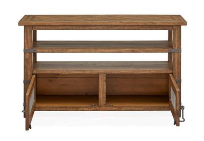 Chesterfield rectangular sofa table in farmhouse timber with lower shelf and metal hardware on Tampa Home & Garden Store
