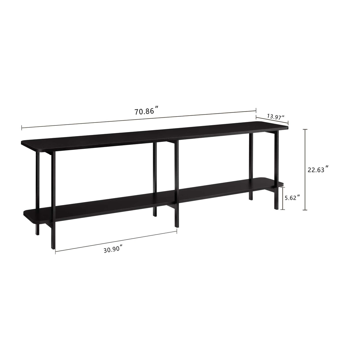 Celine 2-shelf console table in black finish with slim metal frame on Tampa Home & Garden Store