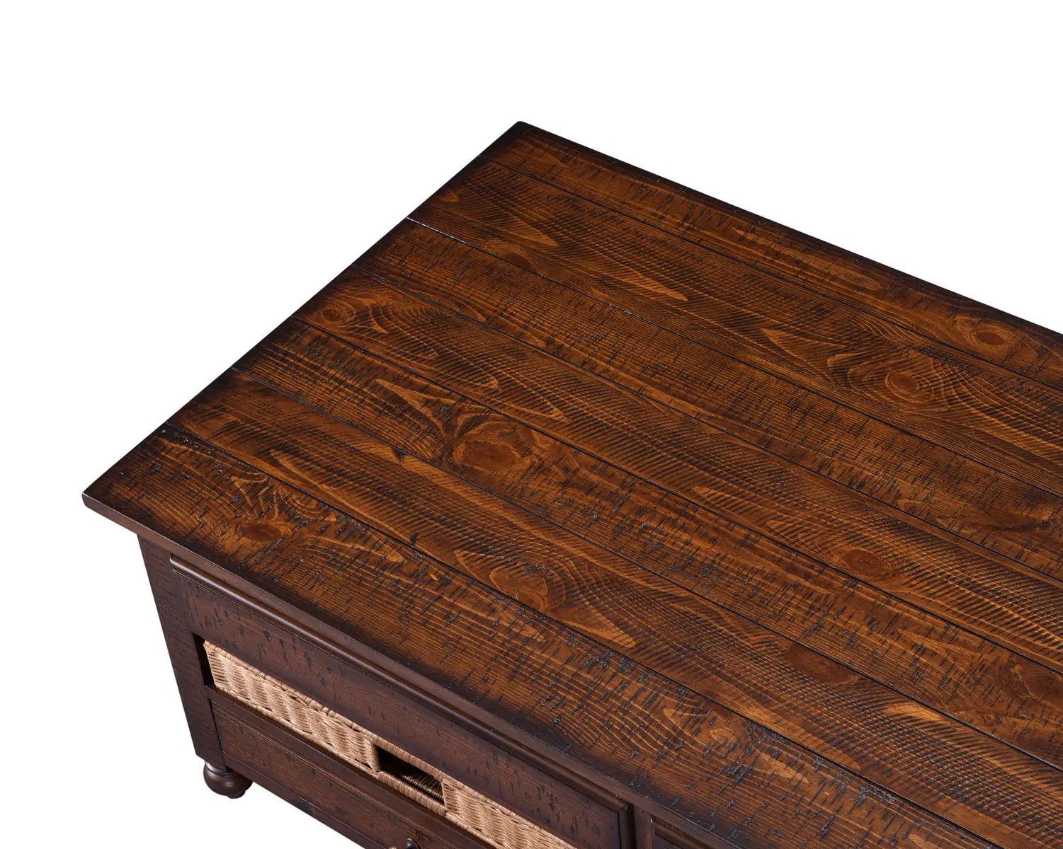 Cottage Lane wood end table, dark brown finish with plank top and woven basket drawers on Tampa Home & Garden Store