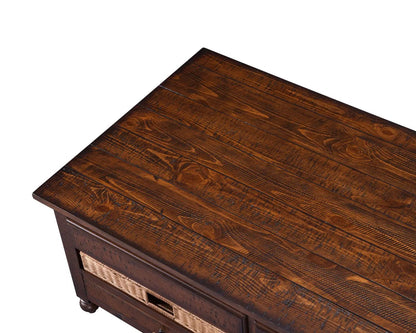 Cottage Lane wood end table, dark brown finish with plank top and woven basket drawers on Tampa Home & Garden Store