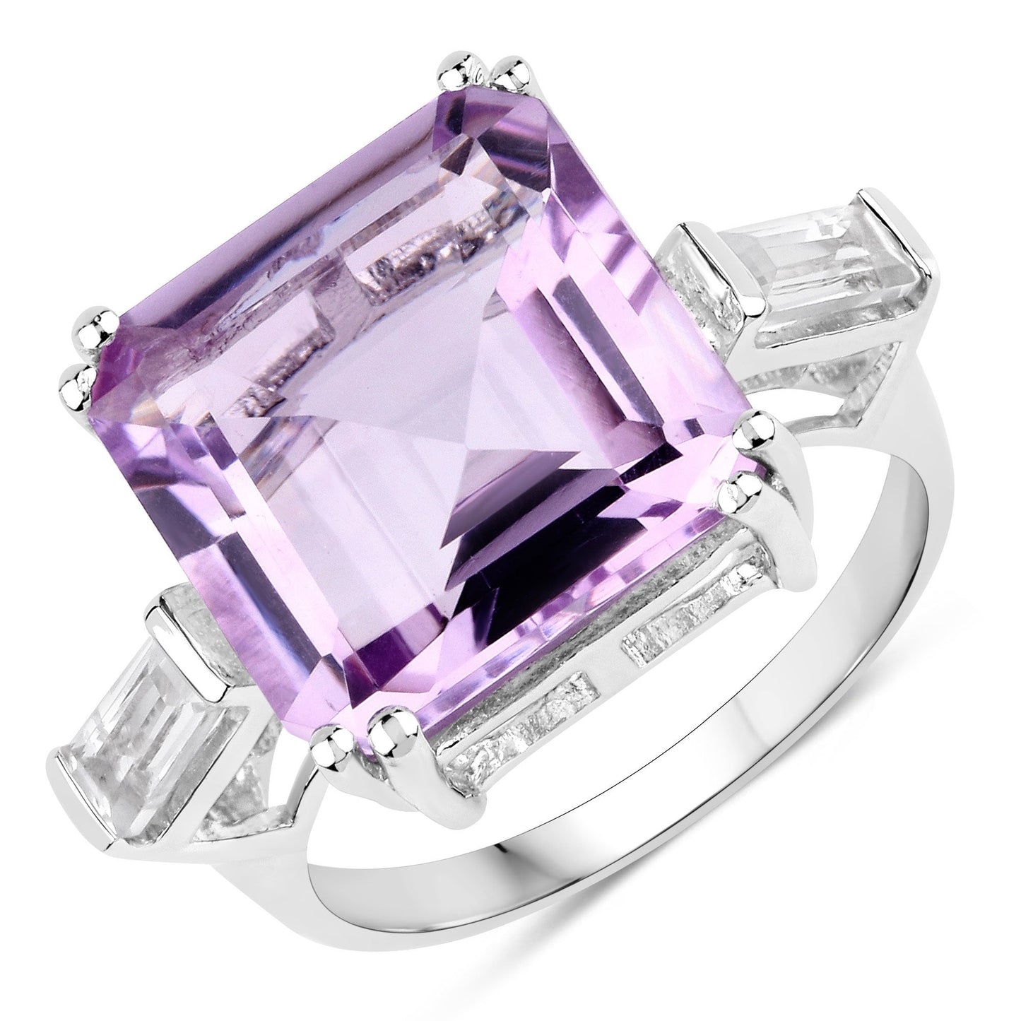 8.30 Carat Pink Amethyst and White Topaz Ring .925 Sterling Silver emerald-cut centerpiece with topaz on Tampa Home & Garden Store