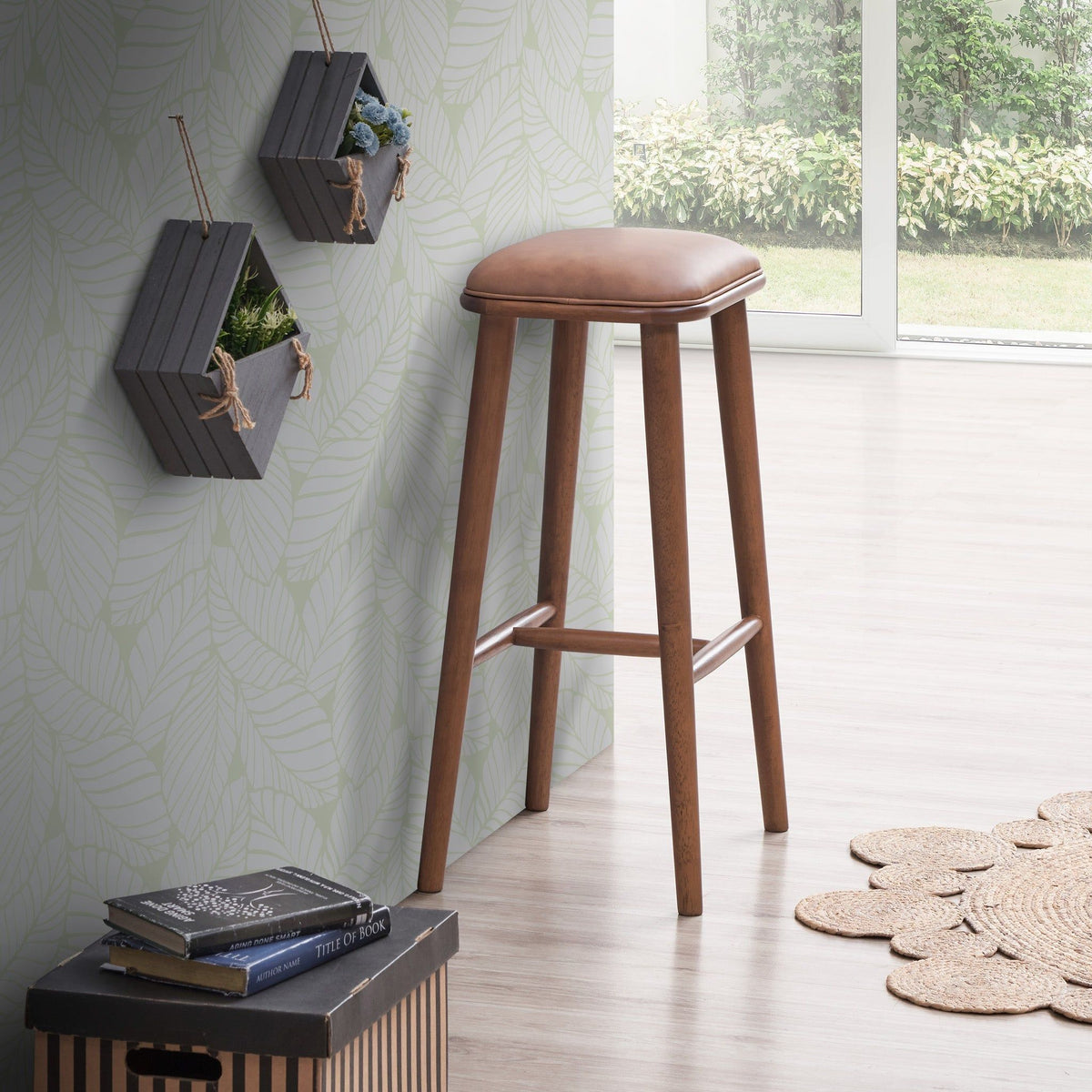 Bar height stool with brown upholstered seat and wooden legs by HouseOfZazla on Tampa Home & Garden Store