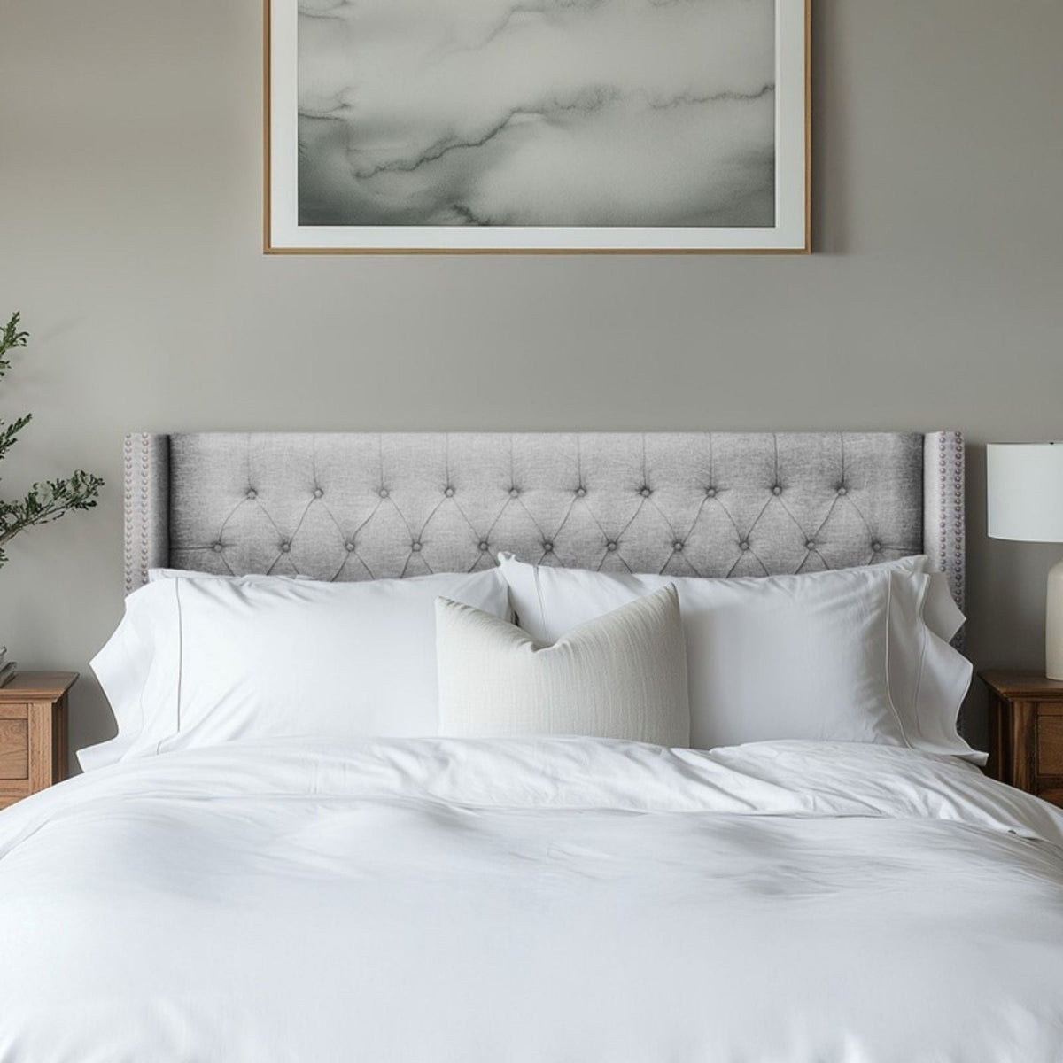 Queen upholstered headboard with gray tufted buttons and nailhead trim by HouseOfZazla on Tampa Home & Garden Store