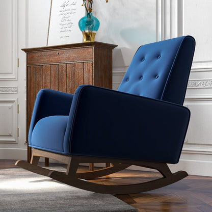 Demetrius Solid Wood Rocking Chair in blue upholstery with curved wooden rockers on Tampa Home & Garden Store