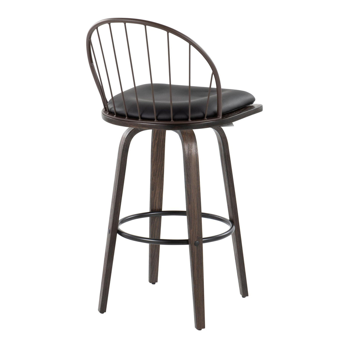 Industrial fixed-height barstool with dark brown metal frame, black cushion, curved back on Tampa Home & Garden Store